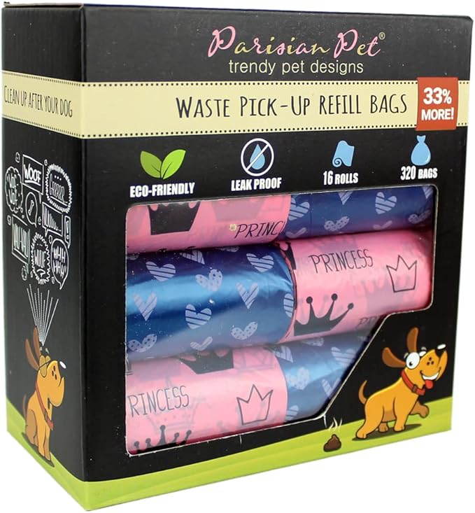 Parisian Pet Ecofriendly Dog Poop Bags Rolls - 320 Count Unscented Poop Bags For Dogs - Leakproof, Extra Thick, 16 Dog Waste Bags Refill Rolls - Princess Hearts Doggie Poop Bags