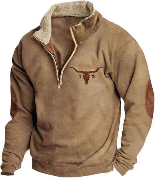 HOTYD Western Jackets for Men Cowboy Sweatshirts Vintage Ethnic Graphic Casual Long Sleeve Top 1/4 Zip Pullover Hoodies