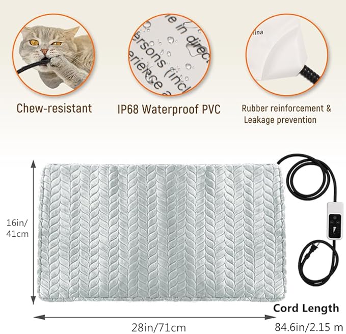Heeyoo Pet Heating Pad, Adjustable Temperature Dog Cat Heating Pad with Timer, Waterproof Heated Dog Bed with Chew Resistant Cord, Auto Power-Off Indoor Pet Heated Mat for Dogs and Cats, 28" x 16"