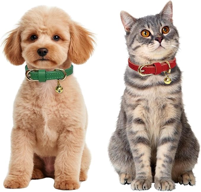 Guiding Star Leather Collar for Puppy, Cute Soft Thin Dogs Collars for Small Medium Dogs, Cat Collar with Bell (Red, XS, 9"-12")