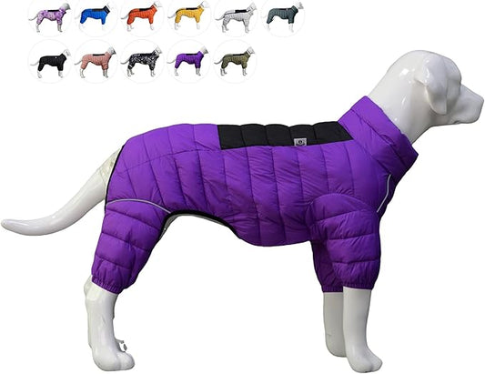 lovelonglong Dog Coat Dog Warm Jacket, 4 Legs Covered Waterproof Windproof Reflective Warm Dog Vest, Zippered Adjustable Outdoor Dog Snow Jacket for Small Medium Large Dogs Purple XXXL