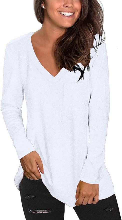 Tobrief Women's Long Sleeve V-Neck Shirts Fall Graphic Tees Loose Casual T-Shirt
