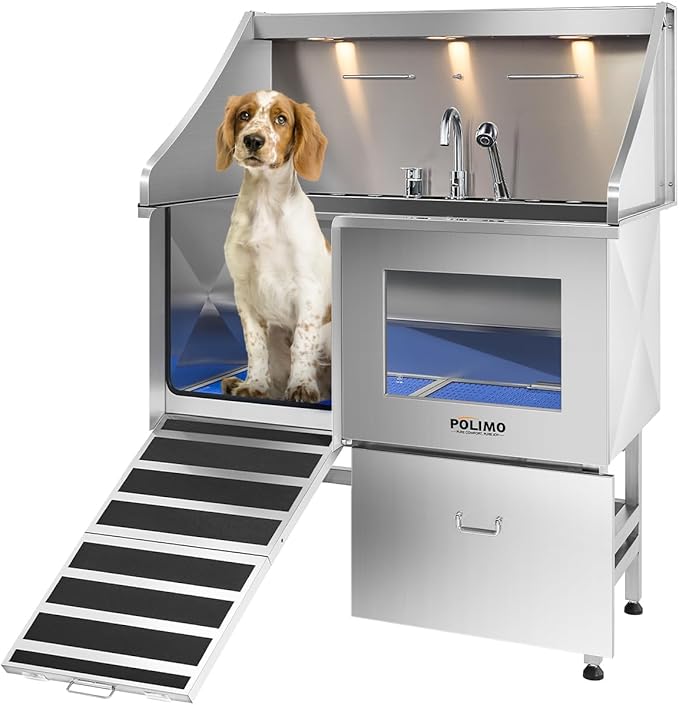 POLIMO Dog Washing Station, LED Professional Stainless Steel Dog Bathing Station 38", Dog Grooming Tub for Large, Medium & Small Dog - with Window, Ramp, Drawer, Floor Grate & Faucet (Left Ramp, 38")