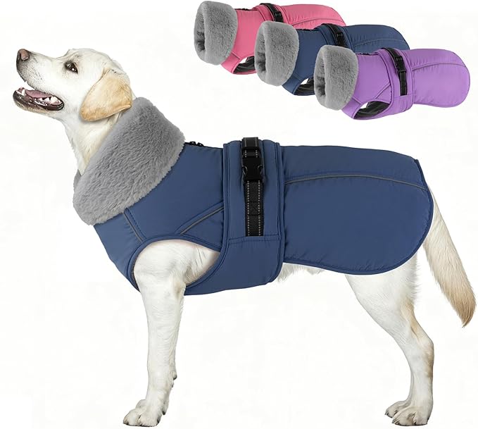 PETDSH Dog Coat Large, Windproof Dog Jacket with Warm Fleece Lining, Thickened Collar Dogs Winter Coat, Adjustable Reflective Pet Coats for Cold Weather (Navy Blue, XX-Large)