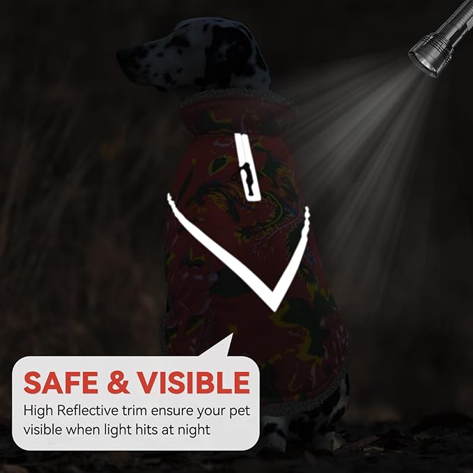 VIVAGLORY Snowrap Dog Coat, Jacket with Harness Hole & Velcro Closure, Dog Coat for Winter & Cold Weather, Fluffy Warm Fleece Lined Reflective Water Resistant for Puppy, S, Northeast Florals-Red