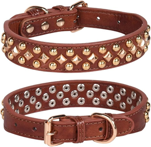 Spiked Dog Collar Soft Pu Leather Mushrooms Rivet Spike Studded Puppy Adjustable Pet Collars for Small Breeds (L, Brown3)