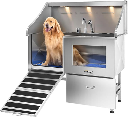 POLIMO Dog Washing Station, LED Professional Stainless Steel Dog Bathing Station 50", Dog Grooming Tub for Large, Medium & Small Dog - with Window, Ramp, Drawer, Floor Grate & Faucet (Left Ramp, 50")