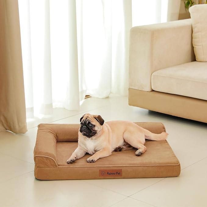 Orthopedic Dog Bed Medium Size Dog, Memory Foam Pet Bed for Small and Medium Dogs, Removable and Washable Microsuede Cover, TPU Waterproof Liner, Nonskid Bottom, 35x23x6 Inches, Khaki