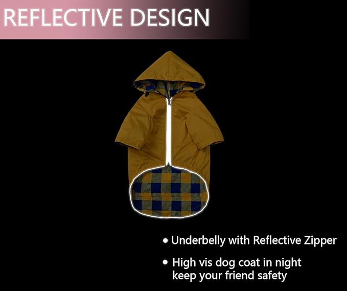 Dog Raincoat Dogs Waterproof Reversible rain Jacket Dog Small Medium Breeds Reflective Zipper Storage Pocket Harness Hole - Yellow - XS