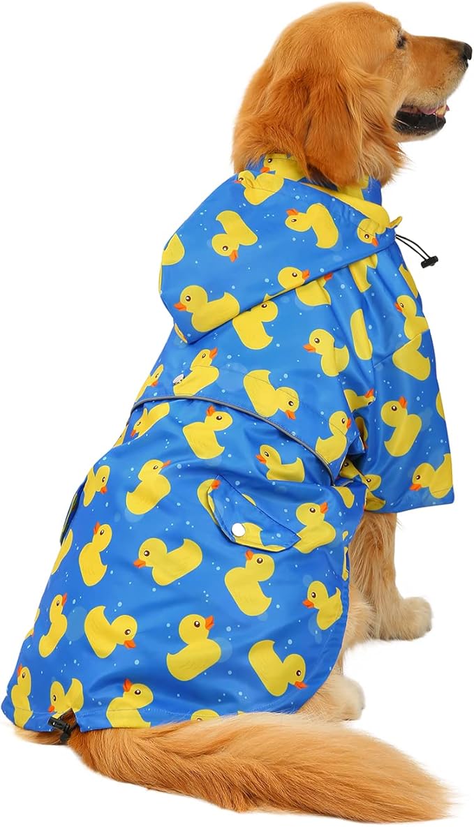 HDE Dog Raincoat Poncho Double Layer Zip Rain Jacket with Removable Hood, Leash Hole for Small to 3XL Dogs and Puppies Ducks Blue - 2XL