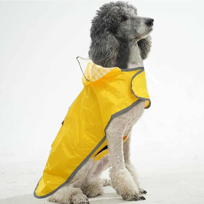 MAMORE Dog Raincoat Reversible,Waterproof Dog Rain Coat Hooded Slicker Poncho with Reflective Strip, Plaid Double Layer Rain Jacket for Small Medium Large Dogs (Yellow, XX-Large)