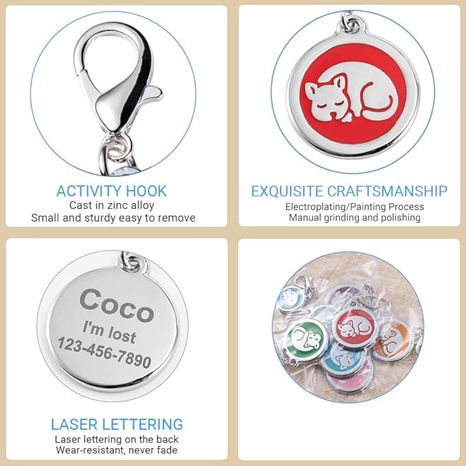 Personalized Pet ID Tags with Lobster Claw Clasp for Kittens and Cats - Small pet Tags for Collars, cat Name Tags, Custom cat id tag (Sleeping-Round-Small: Red)