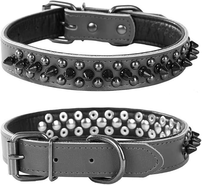 Adjustable Genuine Leather Spiked Studded Dog Collars for Small Medium Large Pets Like Pit Bull Bulldog Pugs Husky (M, Black1)
