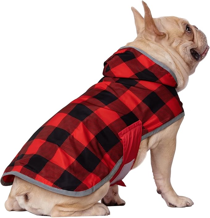 HDE Reversible Dog Raincoat Hooded Slicker Poncho Rain Coat Jacket for Small Medium Large Dogs Buffalo Plaid Red - S