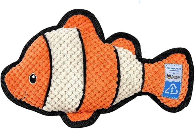 Spunky pup Clean Earth Plush Dog Toy with Squeaker - Recycled, Eco-Friendly, Floats for Beach, Lake, Pool - Clownfish