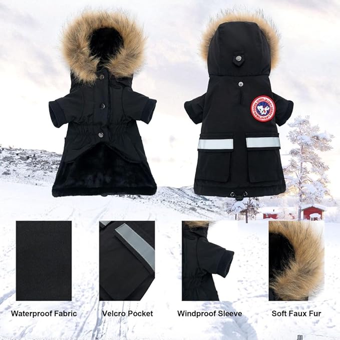 PINA Small Dog Coats - Waterproof, Winter, Snow Jacket with Faux Fur Hood & Pocket
