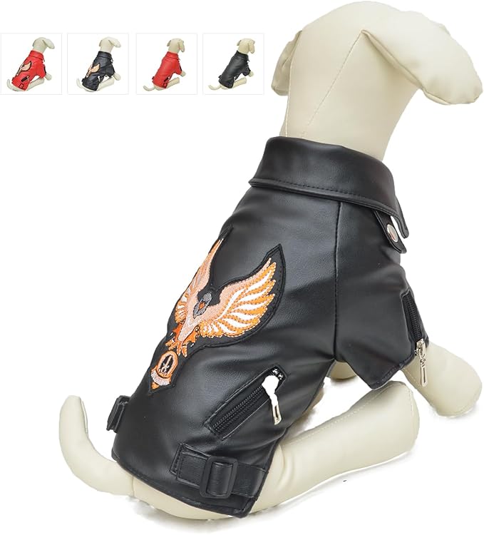 Lovelonglong Cool Dog Leather Jacket, Warm Coats Dogs Windproof Cold Weather Coats for Large Medium Small Dogs with Eagle Embroidery Black B-L