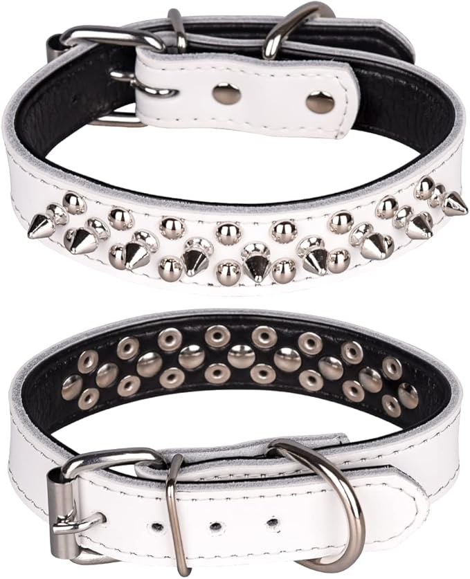 Adjustable Genuine Leather Spiked Studded Dog Collars for Small Medium Large Pets Like Pit Bull Bulldog Pugs Husky (M, White)