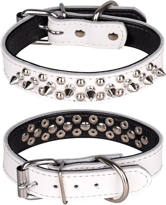 Adjustable Genuine Leather Spiked Studded Dog Collars for Small Medium Large Pets Like Pit Bull Bulldog Pugs Husky (M, White)