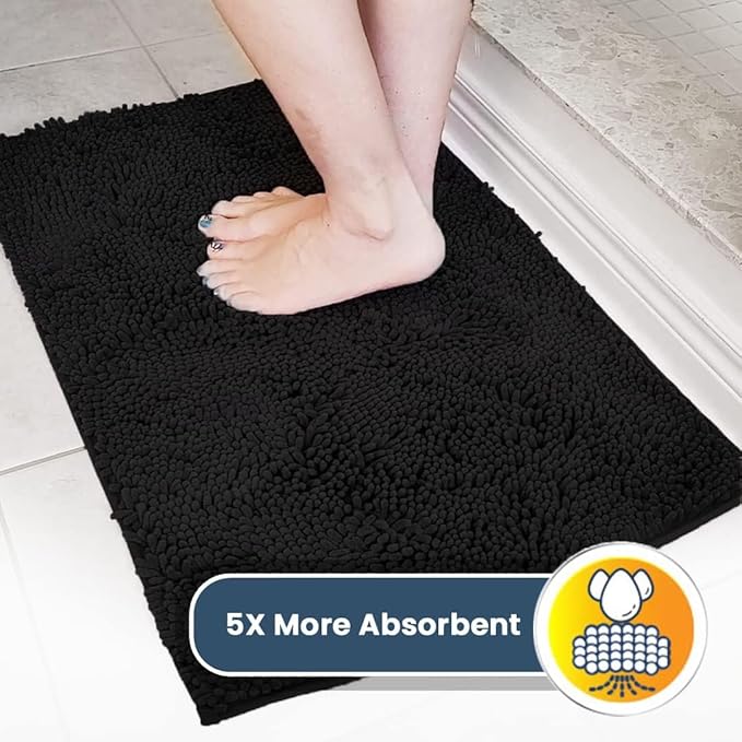 Muddy Mat® AS-SEEN-ON-TV Highly Absorbent Microfiber Door Mat and Pet Rug, Non Slip Thick Washable Area and Bath Mat Soft Chenille for Kitchen Bathroom Bedroom Indoor and Outdoor - Black XL 59"X35"