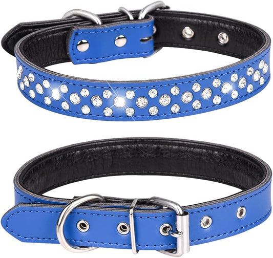 Rhinestones Dog Collar, Adjustable Sparkly Crystal Studded Genuine Leather Pet Dog Collar for Small and Medium Dogs (L, Dark Blue)
