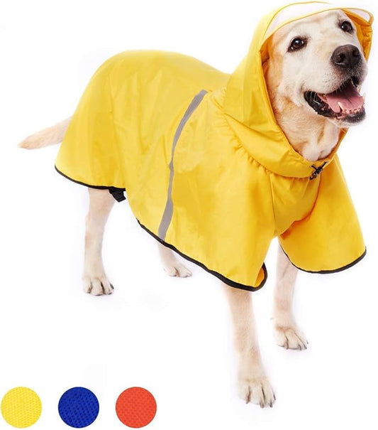 Dog Raincoat with Adjustable Belly Strap and Leash Hole - Hoodie with Reflective Strip - Waterproof Slicker Lightweight Breathable Rain Poncho Jacket for Medium Large Dogs - Easy to Wear, Yellow 4XL