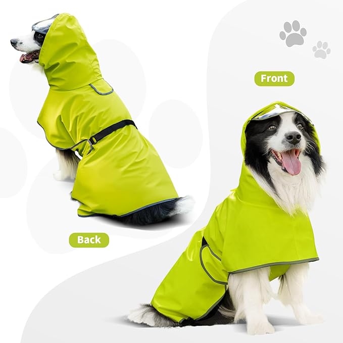 Dog Raincoat, Waterproof Windproof Dog Rain Jacket with Hood, Rain Coat with Leash Hole, Adjustable Raincoat Poncho for Small Medium Large Dogs Outdoor (Neon Yellow, Medium)