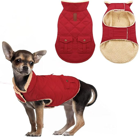 ASENKU Warm Dog Winter Coat, Waterproof Dog Coat for Cold Weather, Fleece Dogs Jacket with Ultra Thick Plush Lining Leash Hole Storage Pockets for Small Dogs (Red, Small)