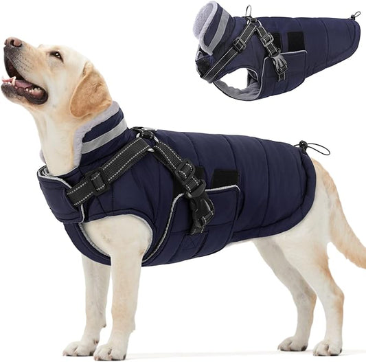Queenmore Winter Dog Jackets for Large Dogs XXL, Waterproof Winter Coat for Extra Large Pitbull/Great Danes, Warm Puffer Snow Jacket for Cold Weather - Fleece Lining Velcro Closure Reflective, Navy