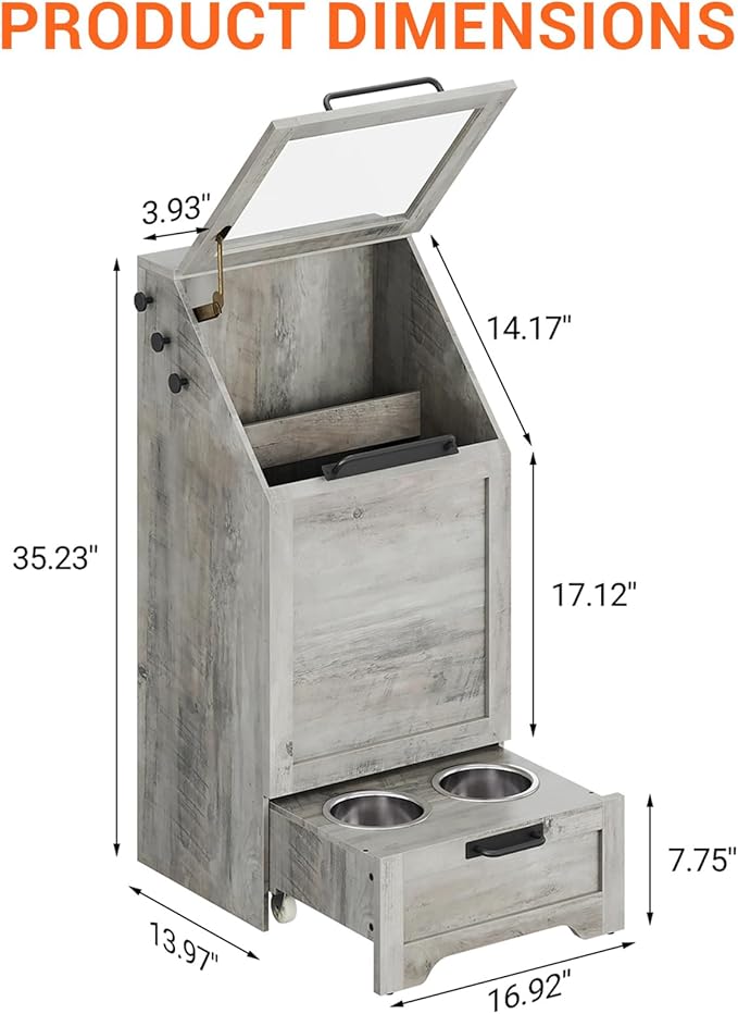 Dog Feeding Station with Storage Cabinet, 2 Elevated Bowls, FILP Top Food Storage Cabinet Container, Pet Feeding with 3 Hooks, Farmhouse Dog Feeder Station, Grey