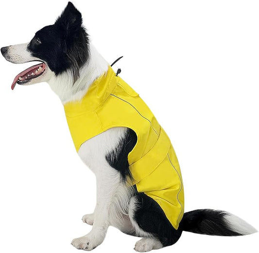 Waterproof Dog Raincoat, Adjustable Lightweight Dog Rain Jacket with Reflective Strip Leash Hole for Small Medium Large Dogs (Yellow, Large(22-37lb))