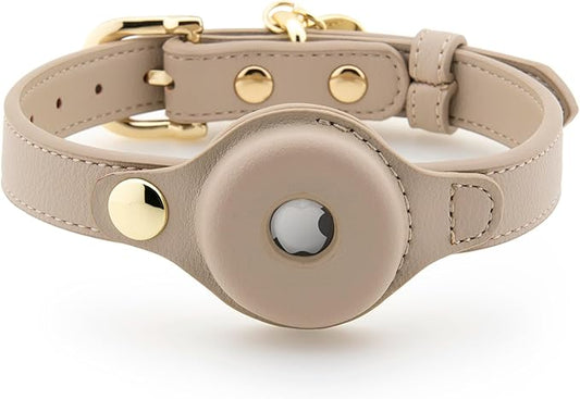 NINA WOOF Cupertino Dog Collars, Harnesses & Leashes Made from Vegan Leather with Dog Tracker Device Holder Adjustable Dog Collar (Extra Small, Beige)