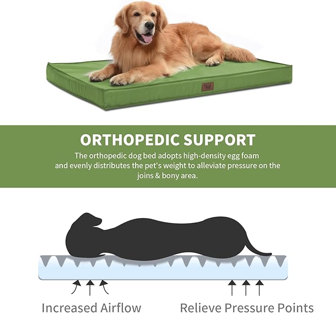 Outdoor Dog Bed for Small Dogs & Cats, Waterproof Dog Crate Mat Orthopedic Egg Crate Foam with Washable Removable Oxford Cover, Light Green
