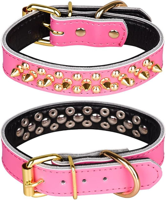 Adjustable Genuine Leather Spiked Studded Dog Collars for Small Medium Large Pets Like Pit Bull Bulldog Pugs Husky (L, Hot Pink2)