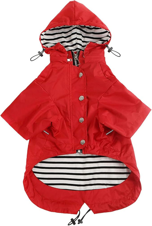 Morezi Dog Zip Up Raincoat with Reflective, Rain/Water Resistant, Adjustable Drawstring, Removable Hood, Raincoats with Legs 8lbs to 80lbs Available - Red - XXL