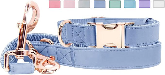 Soft Leather Dog Collar and Leash (6.6') Set - Stylish Rose Gold Heavy Duty Metal Buckle, 4 Adjustable Lengths Leash for Small Medium Large Dogs - Comfortable & Easy to Clean Blue Purple XS(8"-12")