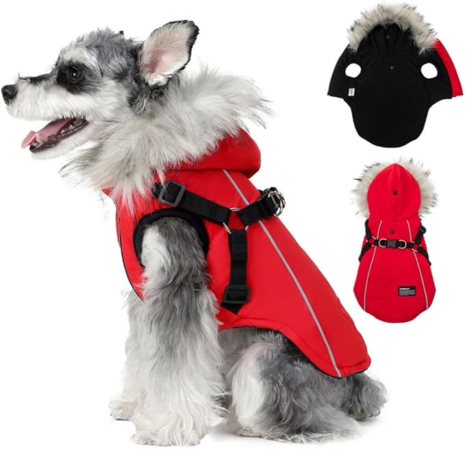 PINA Winter Coat - Dog Jacket with Waterproof Fabric, Warm Faux Fur Hood, Reflective Strap - Red, XL