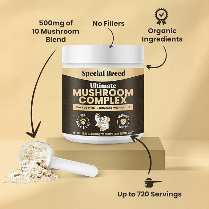 Mushroom Powder for Dogs & Cats - Organic Mushroom Complex for Immunity Support, Immune Function, Cognition, Vitality - Ten Mushroom Supplement with Turkey Tail, Lion's Mane, Reishi - 720 Scoops