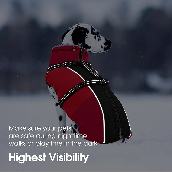 SUNFURA Dog Coat, Warm Dog Jacket with Harness Built in, Waterproof Pet Winter Coat Snowsuit with Zipper, Reflective Fleece Jacket for Extra Large Dogs, Weimaraner, Red XXL