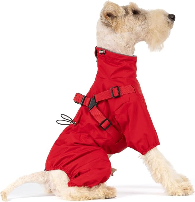 Mile High Life Waterproof Dog Raincoat, Full Coverage Small Dog Rain Coat with Harness, Adjustable 4 Legs Puppy Rain Jacket with Reflective Strip and Elastic Cuffs (Red, XS Back Length 11.4")