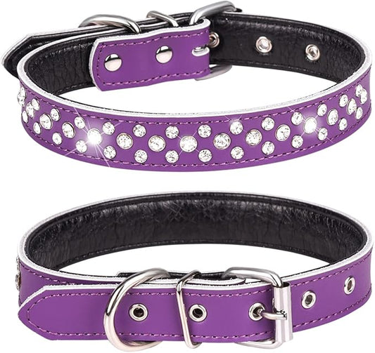 Rhinestones Dog Collar, Adjustable Sparkly Crystal Studded Genuine Leather Pet Dog Collar for Small and Medium Dogs (M, Purple)
