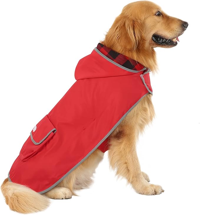 HDE Reversible Dog Raincoat Hooded Slicker Poncho Rain Coat Jacket for Small Medium Large Dogs Buffalo Plaid/Red - 3XL