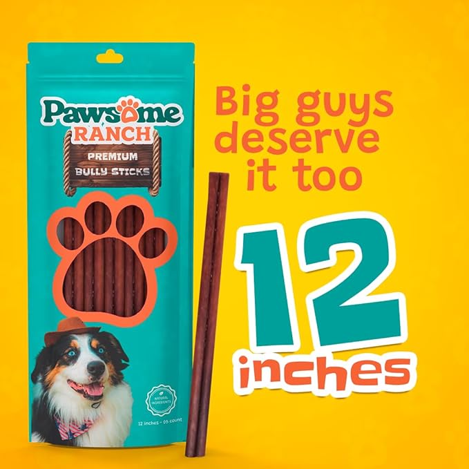 Bully Sticks 12" — 5 Count | Natural Single-Ingredient, Long-Lasting Dog Chews for Medium & Large Dogs; Dental Support, Power-Chewer Treats