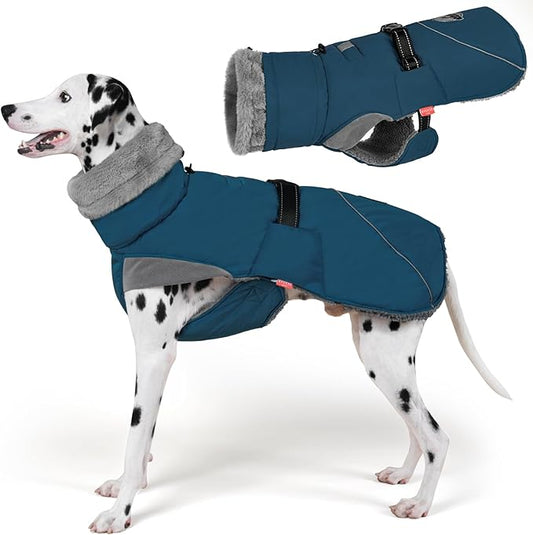 KYEESE Waterproof Dog Coat, Windproof Warm Winter Jacket with Thick Fleece Lined, Cozy Turtleneck Dog Coats for Large Dogs with Leash Hole, Reflective Outdoor Cold Weather Coat, Navy Blue, XXX-Large