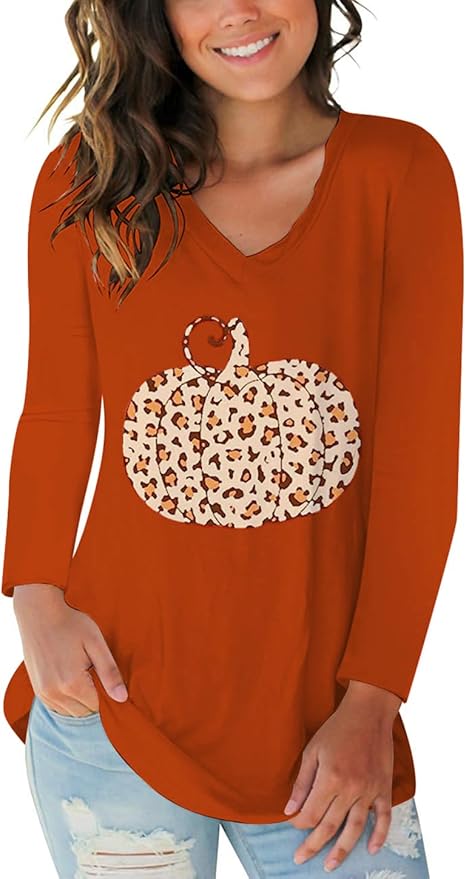 Tobrief Women's Long Sleeve V-Neck Shirts Fall Graphic Tees Loose Casual T-Shirt