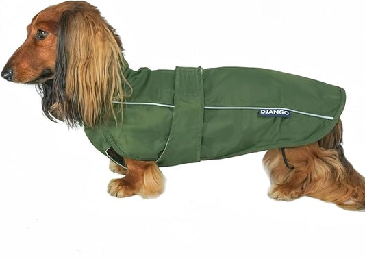DJANGO Dog Jacket & Raincoat – Lightweight Water-Resistant Coat for Small, Medium & Long Dogs Like Dachshunds – Reflective, Adjustable Fit, Harness-Compatible & Easy-Access Harness Hole - Green, Small