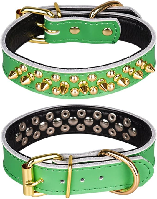 Adjustable Genuine Leather Spiked Studded Dog Collars for Small Medium Large Pets Like Pit Bull Bulldog Pugs Husky (M, Green2)