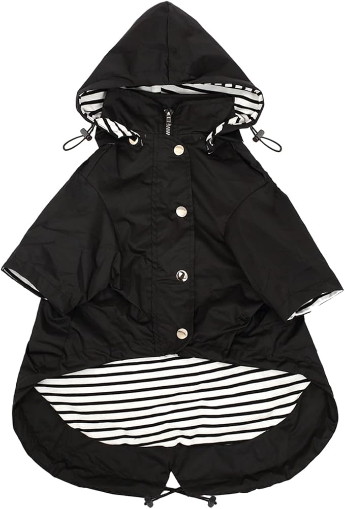 Morezi Dog Zip Up Raincoat with Reflective Buttons, Rain/Water Resistant, Adjustable Drawstring, Removable Hood, Raincoats with Legs 8lbs to 80lbs Available - Black - XXL
