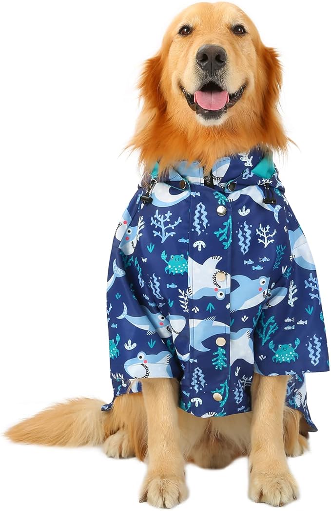 HDE Dog Raincoat Poncho Double Layer Zip Rain Jacket with Removable Hood, Leash Hole for Small to 3XL Dogs and Puppies Sharks - XL