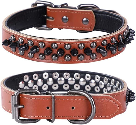 Adjustable Genuine Leather Spiked Studded Dog Collars for Small Medium Large Pets Like Pit Bull Bulldog Pugs Husky (M, Brown1)